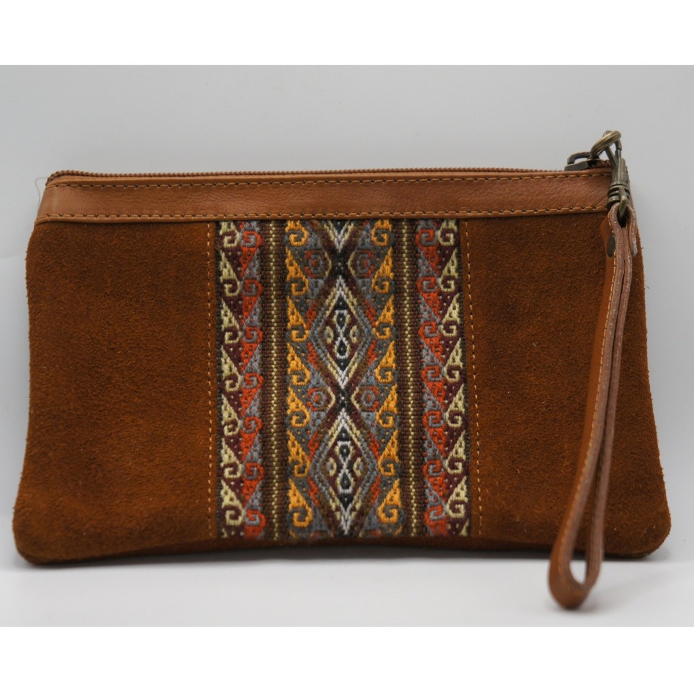 Vintage Suede Wristlet OS Brown Boho Geometric Kilim Embroidered Clutch Bag‎